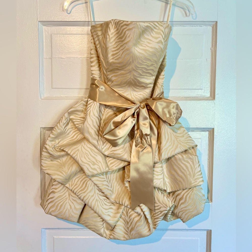 Jessica McClintock Champagne Zebra Print Ruffle Mini Dress - size 6